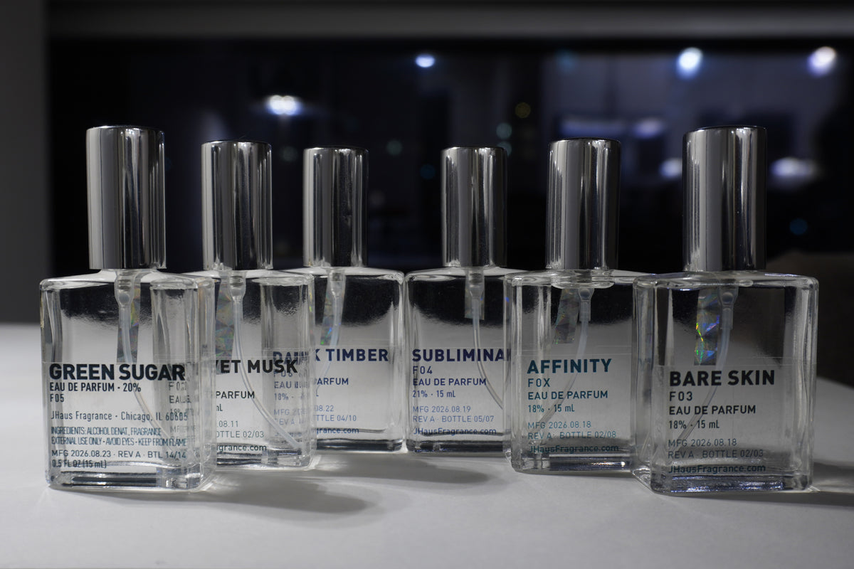 Modern Fragrance Set featuring six JHaus Fragrance Eau de Parfum bottles: Green Sugar, Velvet Musk, Dark Timber, Subliminal, Affinity, and Bare Skin.
